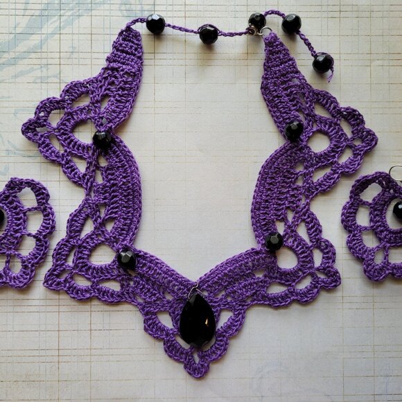 Repurposed Vintage Jewelry on Hand Made Crafted Crochet Boho / Goth Choker Neckl - Picture 2 of 4